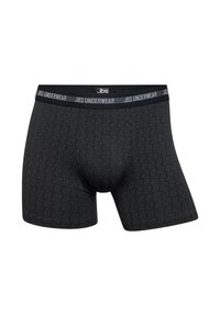 Black boxer briefs featuring a geometric pattern, elastic waistband with "JBS Underwear" branding, and a soft, stretchy fabric.