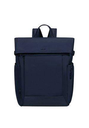 Navy blue backpack with a top handle, padded shoulder straps, zippered side pockets, and a large front flap closure.