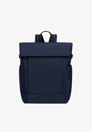 Navy blue backpack with a top handle, padded shoulder straps, zippered side pockets, and a large front flap closure.