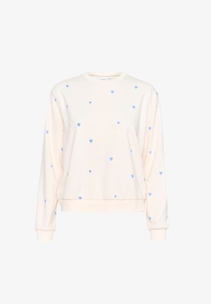Sweat-shirt crème à manches longues, avec de petits motifs de cœurs bleus sur l'ensemble. Texture douce et poignets et taille côtelés.