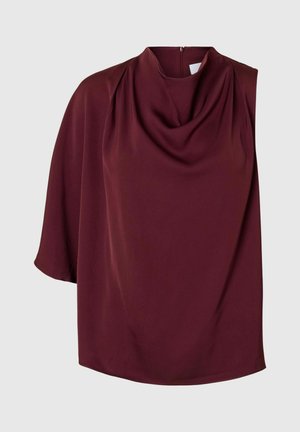 Bordo krēpju tops ar gurniem, mīksts audums, īsas piedurknes un slēgts aizmugurējais rāvējslēdzis. Gluda struktūra ar minimāliem šuvēm.