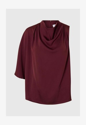 Burgundské top s kápí, měkká tkanina, krátké rukávy a skrytý zip na zadní straně. Hladký povrch s minimálním švem.