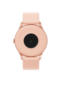 Ronde smartwatch in zachtroze silicone met een gladde matte afwerking, voorzien van een zwarte center en een zijknop voor aanpassingen.