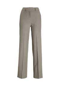 Pantalons à jambe large en tissu gris clair, avec une taille cintrée, des plis et une texture lisse. Pas de motifs ni d'accents visibles.