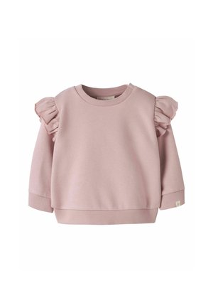 Sudadera rosa suave de manga larga para niño pequeño con detalles de tela fruncida a lo largo de las costuras de los hombros y puños y dobladillo acanalados.