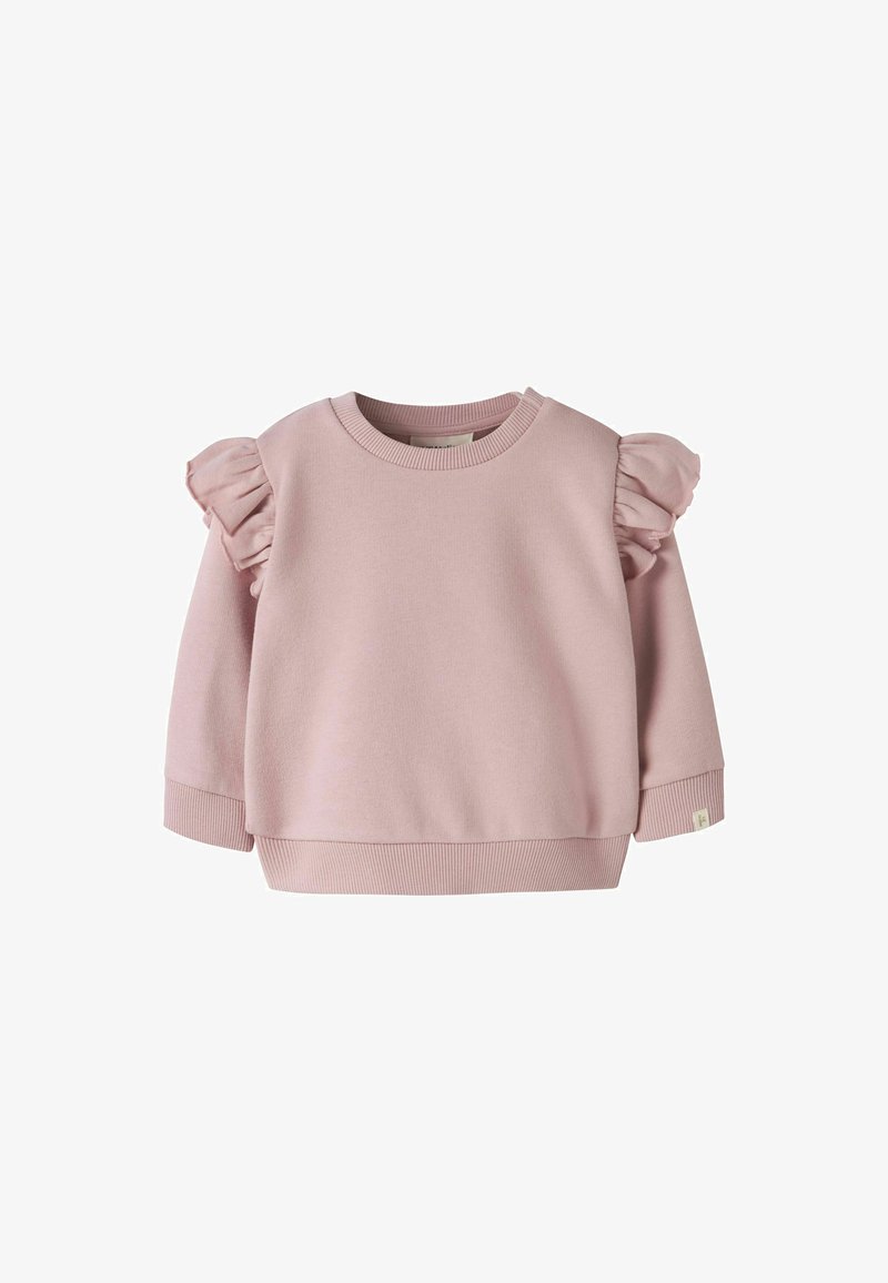 Sweat-shirt rose doux à manches longues pour tout-petit avec des détails en tissu froncé le long des coutures d'épaule et des poignets et ourlet côtelés.
