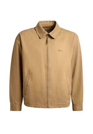 Hellbraune Reißverschlussjacke mit Kragen, zwei Fronttaschen und kleinem gesticktem Logo auf der linken Brust.