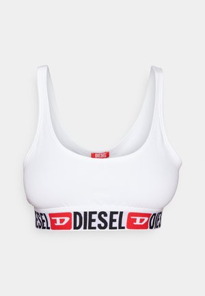 Fehér pamut bralette széles fekete és piros elasztikus pánttal, amelyen a "DIESEL" logó látható. Kerek nyakkivágással és állítható pántokkal rendelkezik.