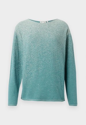 Long-sleeve top in teal with a textured finish, featuring a wide neckline and relaxed fit, highlighting varying color shades.