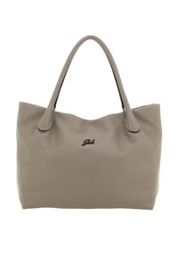 Borsa in pelle color taupe con due manici e un piccolo logo nero al centro della parte anteriore.