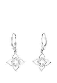 Silverörhängen med en blommönsterdesign som har en diamantliknande detalj i mitten. Med fjärranslutning och intrikata utskärningar.