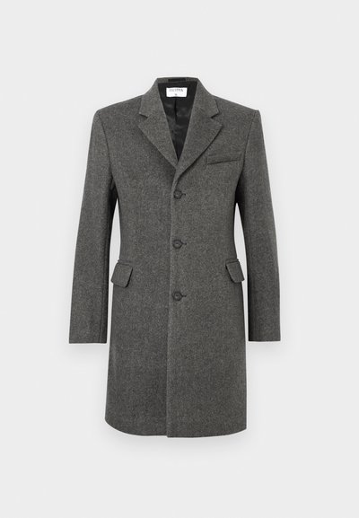 Single-breasted dark gray wool coat with three buttons, notch lapel, two flap pockets, and one chest pocket on a white background.