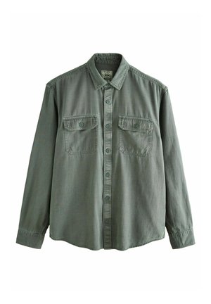 Green long-sleeve shirt made of soft fabric, featuring a button-up front, pointed collar, and two chest pockets with button closures.