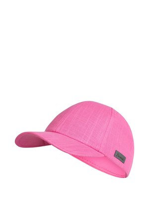 Pink fabric baseball cap with a curved brim and a small rectangular black label on the side.