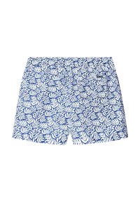 Blauwe zwemboxers met een wit bladerenpatroon, elastische tailleband en een achterzak. Gemaakt van lichtgewicht stof, biedt een ontspannen pasvorm.