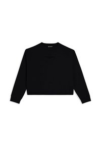 Sudadera corta negra con mangas largas, cuello redondo y un estampado mate que dice "HOY ES TU DÍA" en el frente.