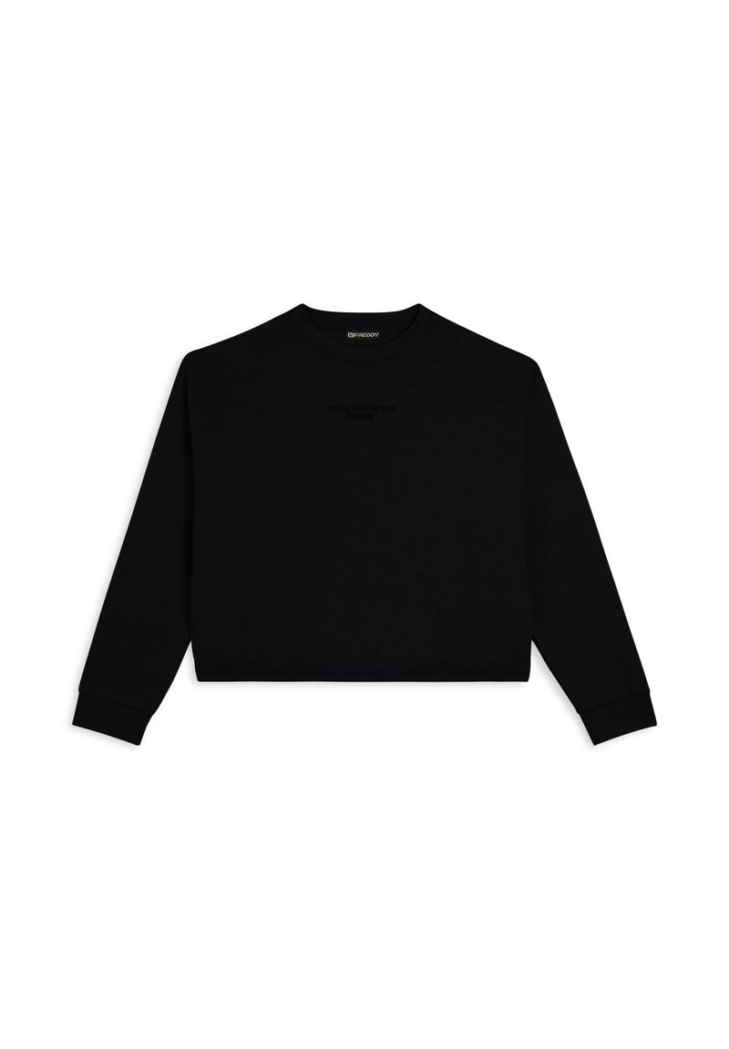 Sudadera corta negra con mangas largas, cuello redondo y un estampado mate que dice "HOY ES TU DÍA" en el frente.