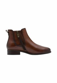 Stivali alla caviglia in pelle marrone con un design elegante, zip laterali e un tacco basso a stack. Texture liscia con dettagli di cucitura sottili.