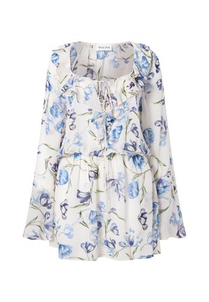 Λευκό φόρεμα με λουλουδάτο σχέδιο, μακριά μανίκια, ντεκολτέ με βολάν και μοτίβο σε μπλε και μωβ λουλούδια, με ετικέτα "MALINA" στο γιακά.