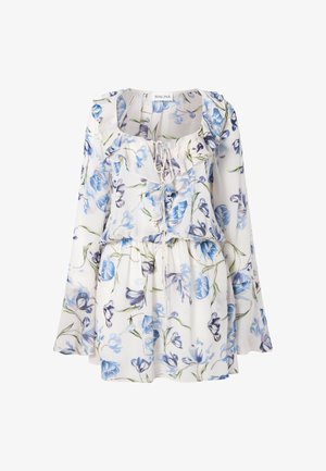 Valkoinen kukkamekko, jossa pitkät hihat, röyhelökaulus ja sinivioletti kukkakuvio, kauluksessa merkintä "MALINA".