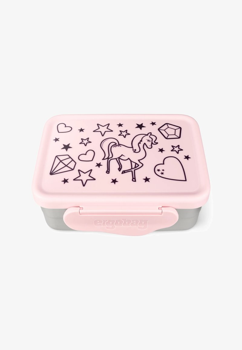Pink lunch box with black unicorn, hearts, stars, and diamond designs. Features a gray base and a pink clasp for secure closure.