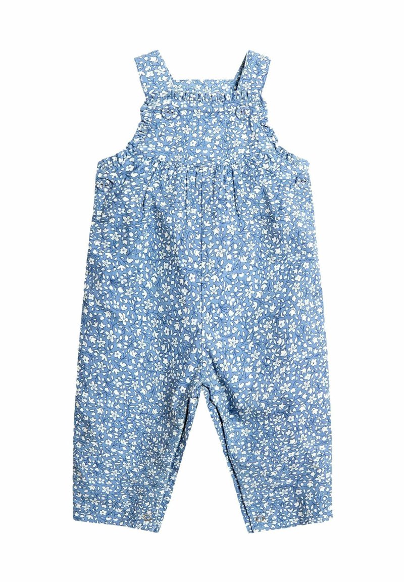 Overoles de estampado floral azul con tirantes anchos, bodice fruncido y perneras entalladas. Hechos de una tela suave y ligera con pequeños motivos de flores blancas.
