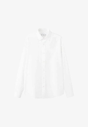 Bijela košulja dugih rukava od pamuka, s ovratnikom na kopčanje, zatvaranjem naprijed na gumbe i opuštenim krojem. Bez uzoraka ili ukrasa.
