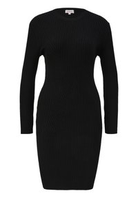 Schwarzes geripptes Strickkleid mit langen Ärmeln, rundem Ausschnitt und einer taillierten Silhouette, die diagonale Linien über der Brust zeigt.