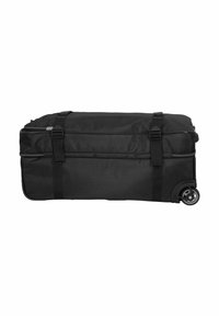 Borsa duffel nera con ruote realizzata in tessuto resistente. Presenta due robuste cinghie, cerniere e una forma rettangolare per un facile trasporto.