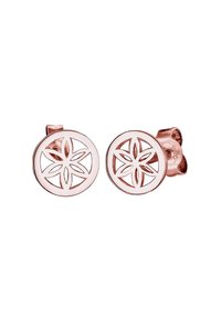 Orecchini rotondi in oro rosa con design floreale ritagliato, superficie piatta e texture liscia. Presentano un pratico gancio per una vestibilità sicura.