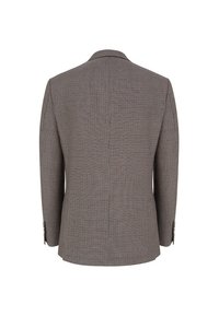 Dopasowana marynarka w wzór houndstooth, z delikatną teksturą, wyraźnymi ramionami i eleganckimi guzikami. Kolorystyka obejmuje czerń i biel.