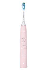 Brosse à dents électrique Sonicare en rose avec une tête de brosse blanche dotée de poils bleus et verts, boutons de contrôle et indicateurs LED.