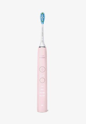 Sonicare elektrische tandenborstel in het roze met een witte borstelkop met blauwe en groene borstelharen, bedieningsknoppen en LED-indicatoren.