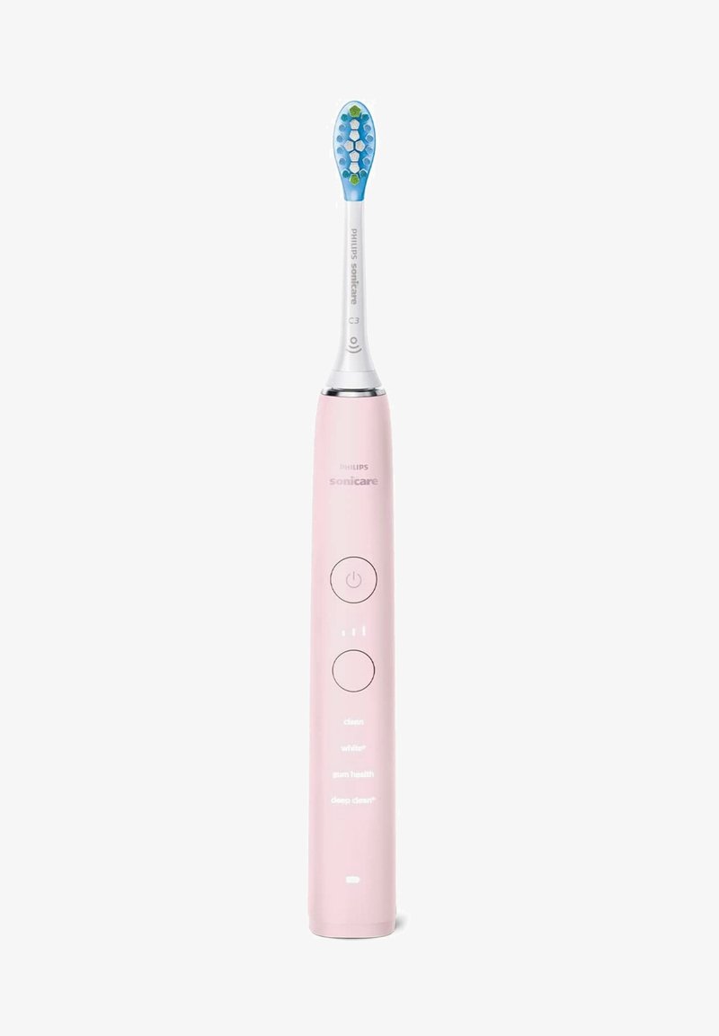 Brosse à dents électrique Sonicare en rose avec une tête de brosse blanche dotée de poils bleus et verts, boutons de contrôle et indicateurs LED.