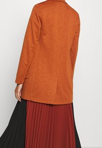 Rust-colored jacket with a smooth texture, long sleeves, and a tailored fit, displayed from the back over a pleated, multi-colored skirt.