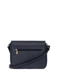 Navy blue leather crossbody bag with a zippered front pocket, adjustable strap, and smooth texture. Features subtle stitch detailing.