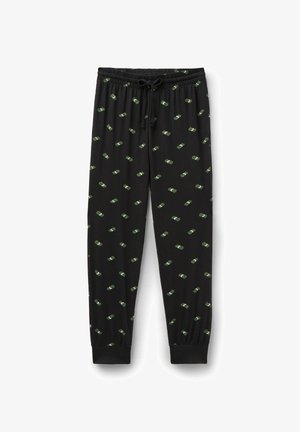 Pantalon de jogging noir avec taille élastique et poignets, présentant un motif de petits paquets d'argent verts dispersés sur le tissu.
