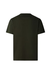 Camiseta de algodón verde oscuro, cuello redondo, manga corta, diseño liso, textura suave, sin patrones ni elementos visibles. Se muestra la vista trasera.