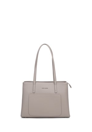 Borsa rettangolare beige con due manici lunghi, tasca anteriore e chiusura superiore con cerniera.