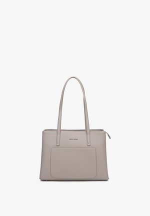 Borsa rettangolare beige con due manici lunghi, tasca anteriore e chiusura superiore con cerniera.