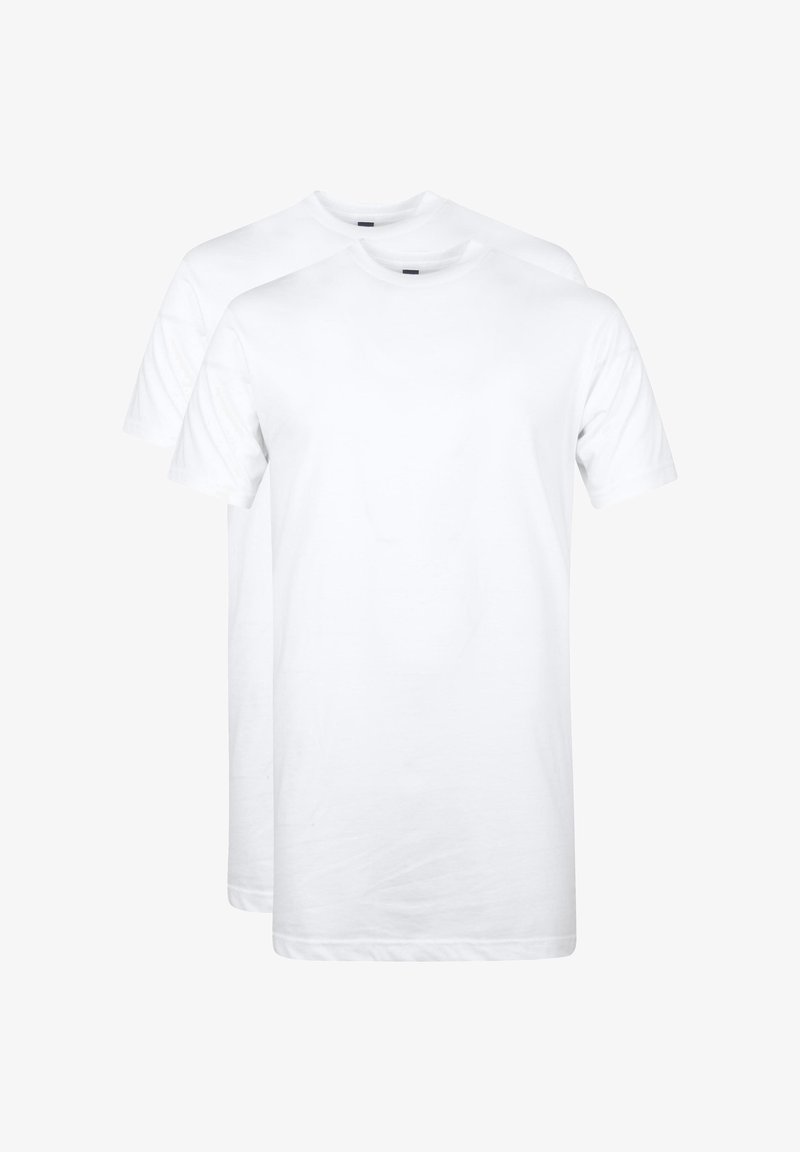 Witte katoenen t-shirts met korte mouwen en ronde hals, met een eenvoudig ontwerp en een gladde textuur, gepresenteerd in een pak van twee.