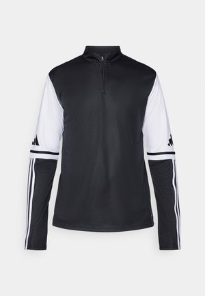 Svart och vit långärmad träningströja med halv dragkedja, som har tre ränder på ärmarna och logotypdetaljer. Slät tygstruktur.