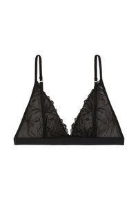 Bralette en dentelle noire avec des coupes triangulaires, broderies florales, bords en feston, bretelles réglables et une bande solide.