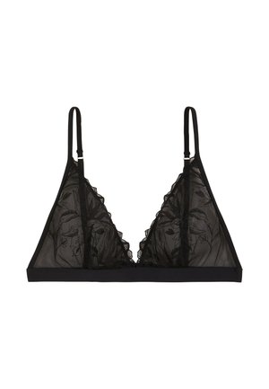 Bralette en dentelle noire avec des coupes triangulaires, broderies florales, bords en feston, bretelles réglables et une bande solide.