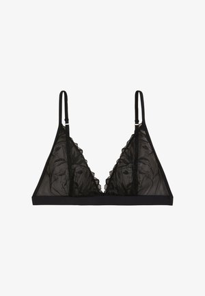 Bralette en dentelle noire avec des coupes triangulaires, broderies florales, bords en feston, bretelles réglables et une bande solide.