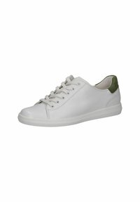 Tenis alb din piele cu o finisare netedă, având vârful rotunjit, sireturi din țesătură și un accent din nubuc verde pe călcâi. Design clasic de tip low-top.