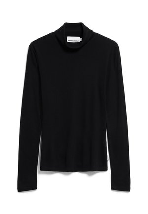 Haut à col roulé noir, à manches longues, fabriqué en tissu lisse. Il présente un col haut et un ourlet droit. Étiquette de marque minimalement visible.