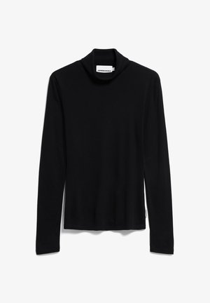 Haut à col roulé noir, à manches longues, fabriqué en tissu lisse. Il présente un col haut et un ourlet droit. Étiquette de marque minimalement visible.