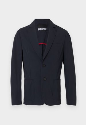 Navy blue men's blazer with notch lapels, two front buttons, two patch pockets, and a chest welt pocket, labeled Just Cavalli inside collar.