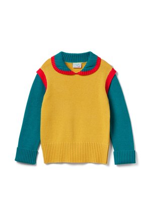 Kinderpullover mit senfgelbem Körper, türkisen Ärmeln und roten Akzenten an Schultern und Kragen, mit einem Rippenstrickmuster.